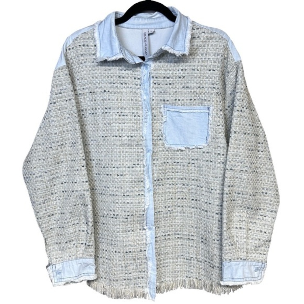 Grace + Karma Boucle Tweed and Denim Blue Shirt Jacket Oversized Boxy Western L